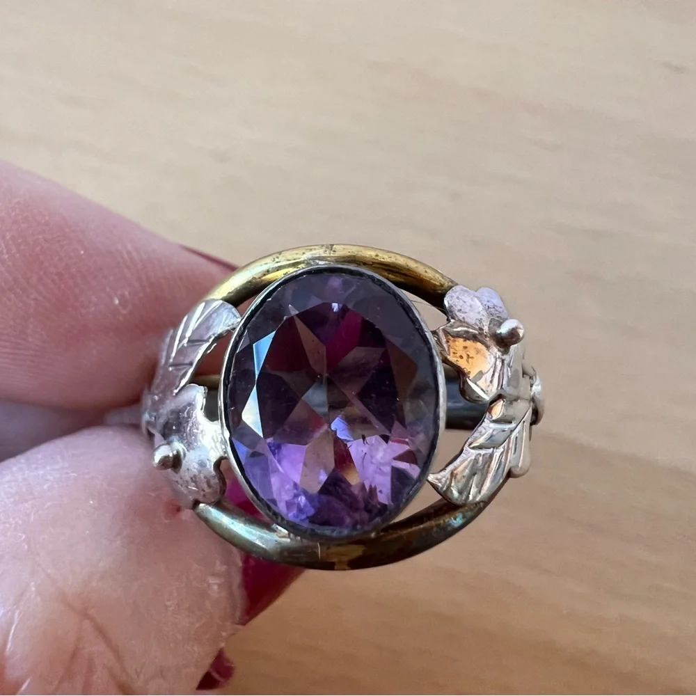 VINTAGE AMETHYST RING 925 STERLING SILVER TRI COLOR